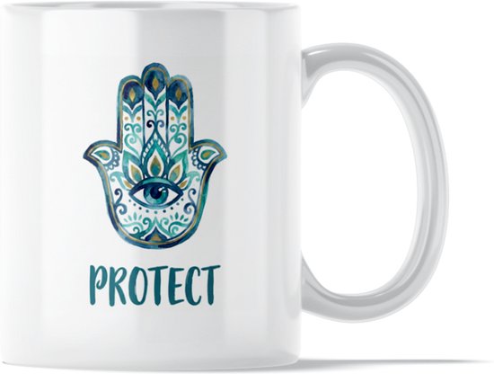 "Aquarel Series" Mok: Protect Hamsa - Spirituele Waterverf Mok met Hand van Fatima - Positieve Herinnering aan Veiligheid & Beschermd Gevoel - Spiritueel Talisman - Symbool voor Geluk & Bescherming - Cadeau voor Vriendin & Vrouw
