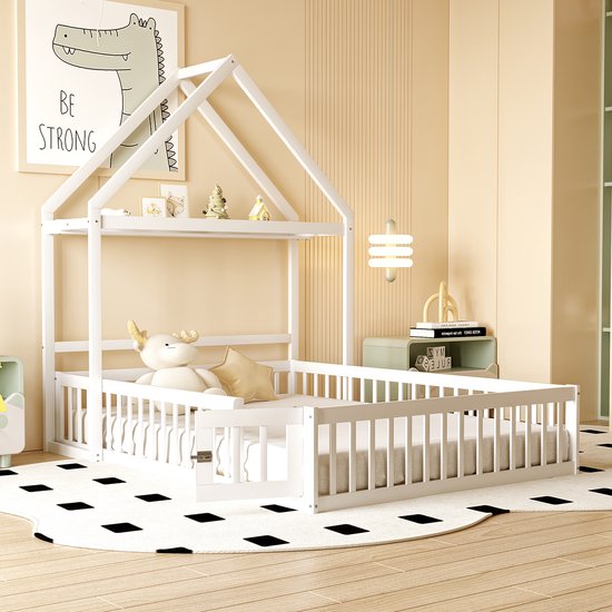 Wishdor Lit Kinder - Lit Au Sol Met Dak - Met Espace De Rangement Et Tringle À Vêtements - Met Petite Porte Et Clôture De Protection Complète - Met Sommier À Lattes - Massief Hout - Wit - 140 x 200 cm