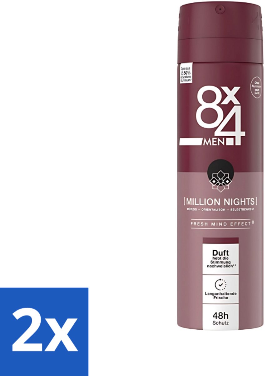 2 x 8 x 4 Deospray Men - No.18 Millions Nights - Deodorant - Voor Heren - 150 ml - Deodorant Voor Heren - Avondgeur - Zweetbescherming - Langdurige Geur - Verleidelijke Geur