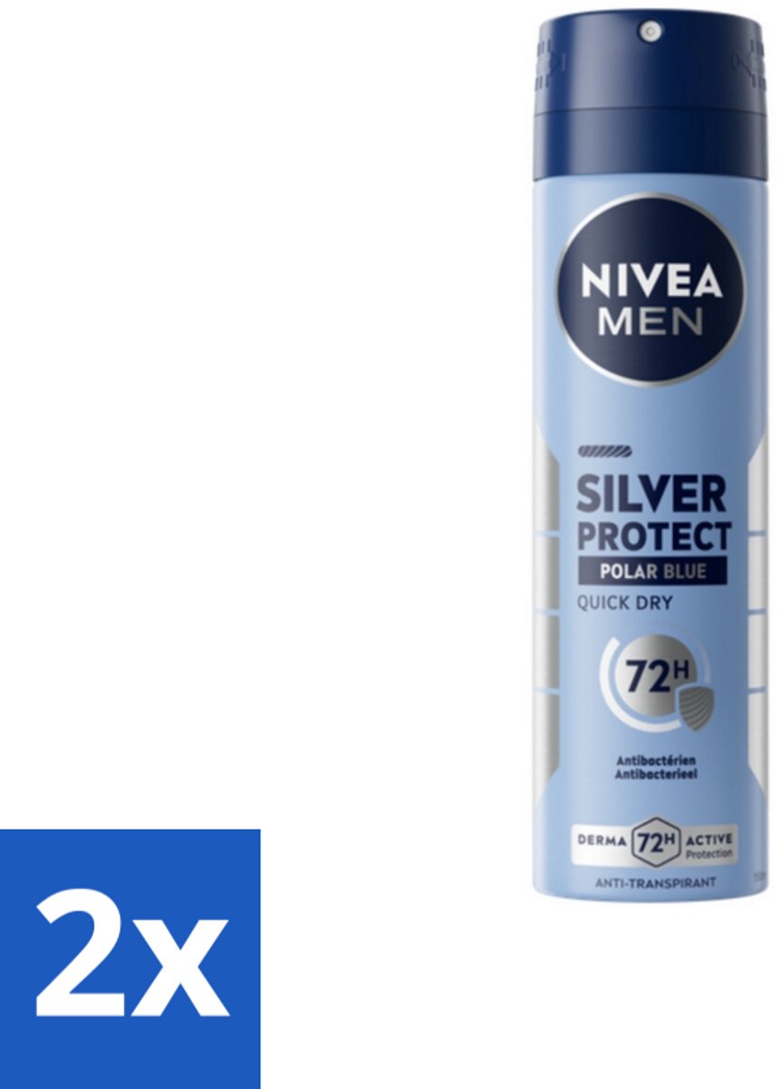 2 x Nivea - Men - Deodorant - Spray - Silver Protect Polar Blue - 150 ml - 72 Uur Bescherming - Zilverionen - Anti-transpirant - Deodorant Spray - Zweetgeur