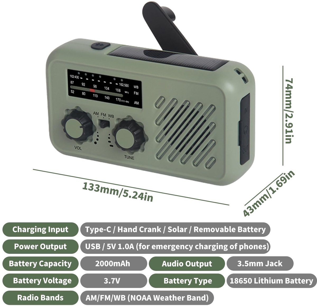 Noodradio op zonne-energie - Draagbare radio met handslinger - AM/FM-weerradio met 2000 mAh powerbank, SOS-alarm, zaklampdynamo - USB-oplader voor kamperen en wandelen in de buitenlucht – foto 3