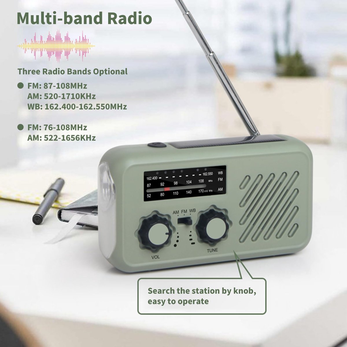 Noodradio op zonne-energie - Draagbare radio met handslinger - AM/FM-weerradio met 2000 mAh powerbank, SOS-alarm, zaklampdynamo - USB-oplader voor kamperen en wandelen in de buitenlucht – foto 6