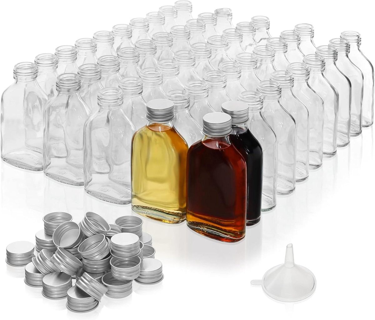 Allecto - Glazen likeurflessen - Miniatuur geschenkflesjes - Zilveren doppen - Trechter - Huwelijk feestjes - Alcohol - Schnaps - Whisky - Shots - Drank - Geschikt voor Mini 100 ml - Lege schroefdop - 50 pak
