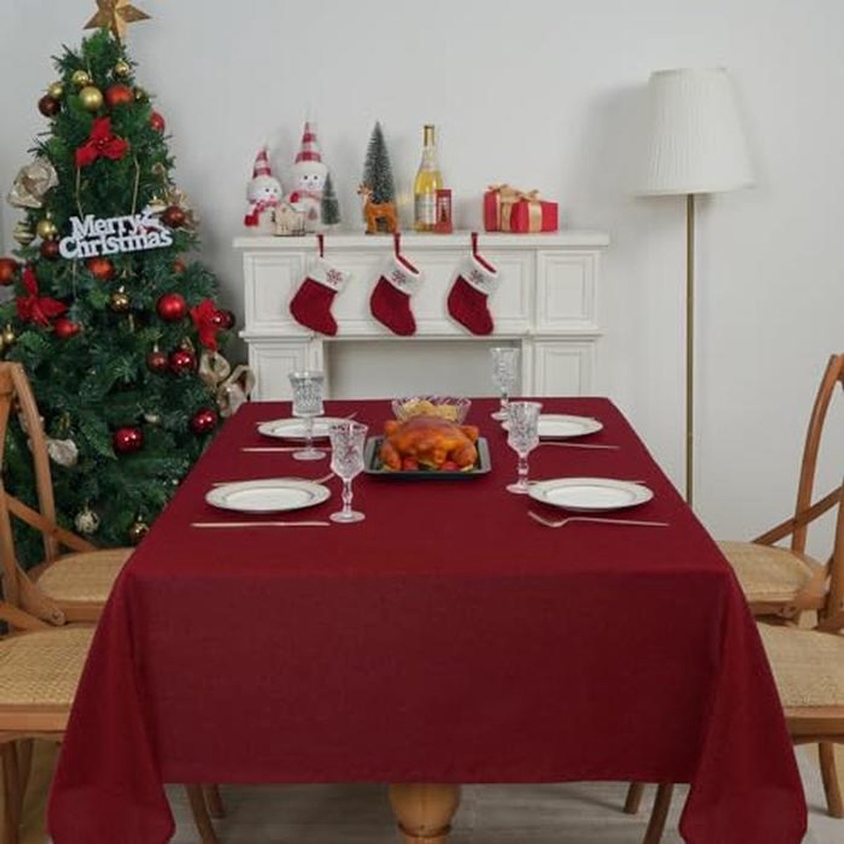Rood Kerst Tafelkleed in Linnenlook - Waterafstotend en Wasbaar, 130 x 280 cm