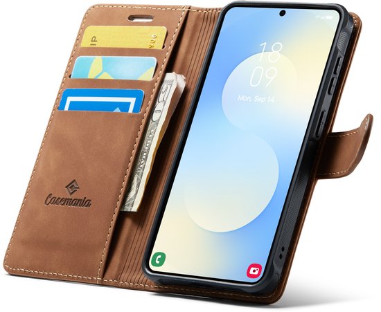 Bruin Casemania boekhoesje met insteekvakken voor creditcards en bankbiljetten. Telefoon geopend met scherm.