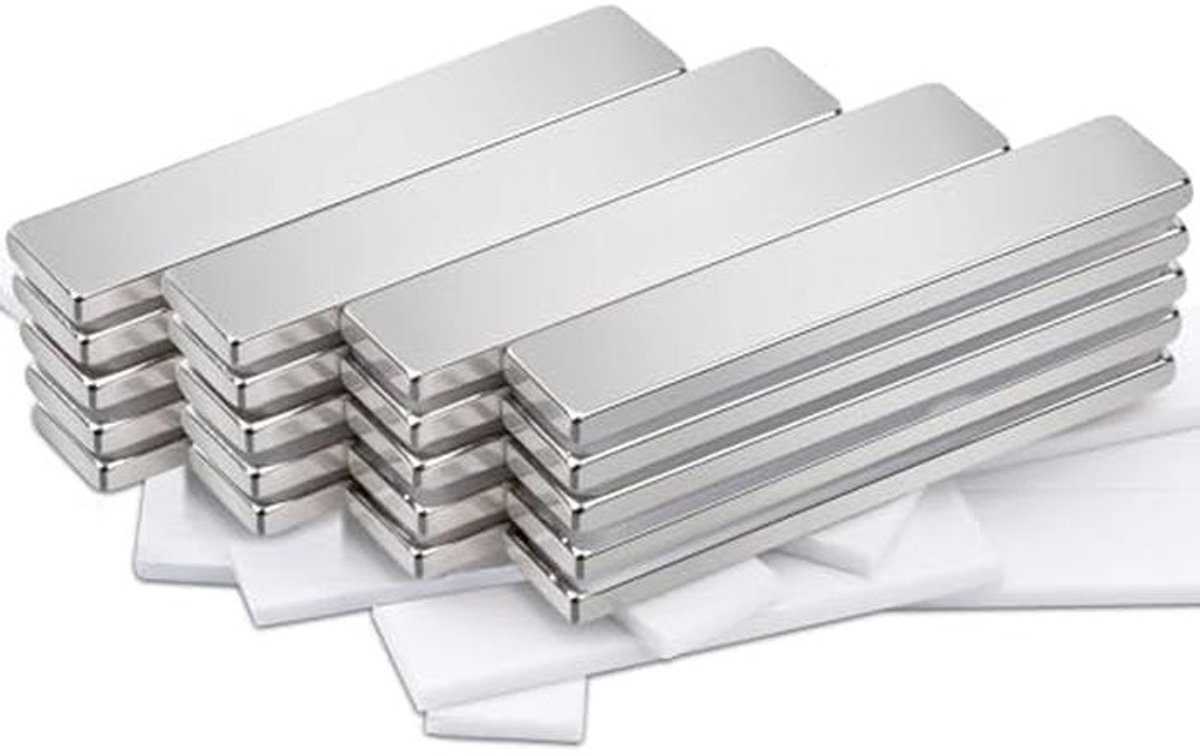 Sterke Rechthoekige Neodymium Magneten - 20 Stuks, 50 x 10 x 3 mm, Zelfklevend voor Koelkast, Keuken en Kantoor