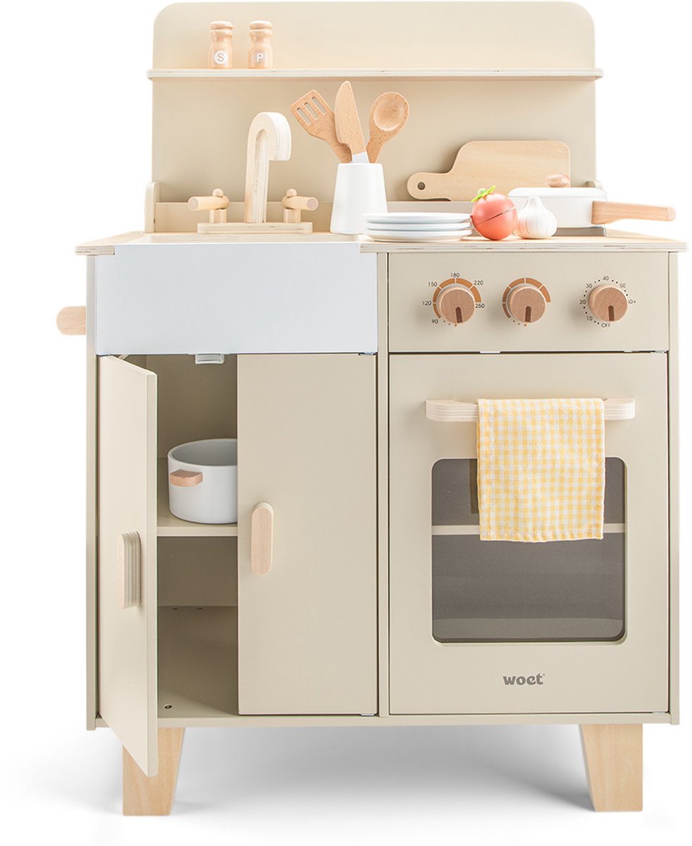 Woet® Houten Speelgoed Kinderkeuken Beige - Speelkeukentje met Pannen, Servies, Groente en Snijplank - Houten Speelkeuken - Werkbladhoogte 55 cm - Rollenspel - Vanaf 3 Jaar — afbeelding 5