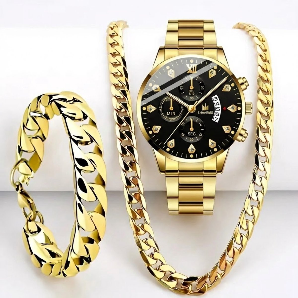 Goudkleurig heren horloge set met schakel ketting en schakel armband - 3 delige sieraden set voor mannen - analoog horloge met zwart uurwerk