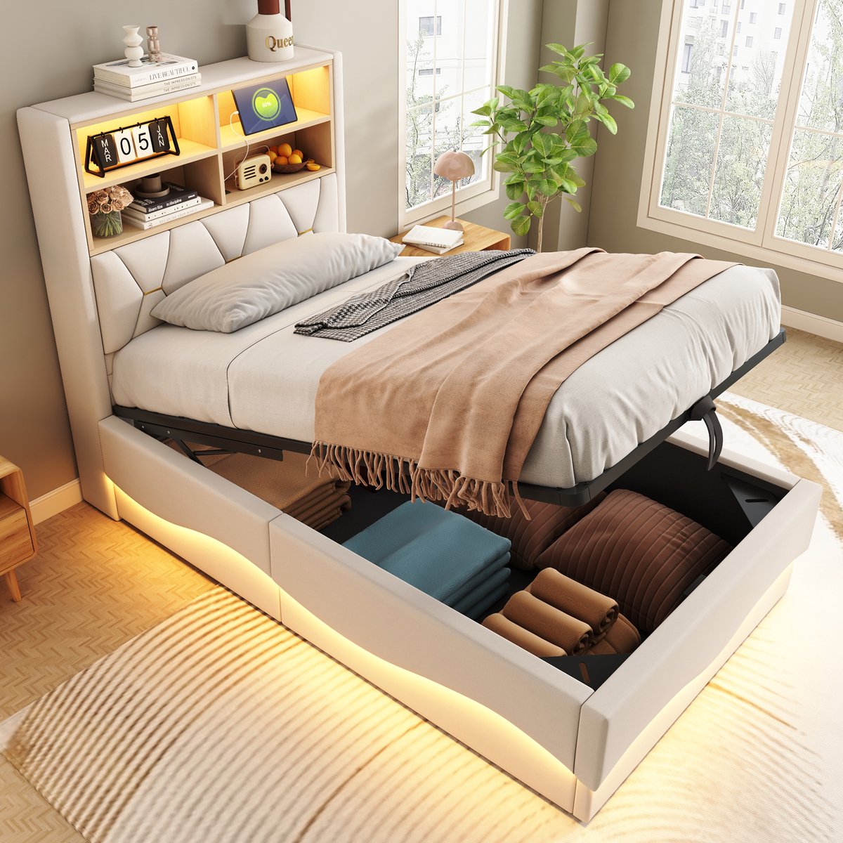 Clruro Gestoffeerd Kinderbed 90x200 - Hydraulische Opbergruimte Met App LED En USB - Metalen Lattenbodem - Linnen - Beige