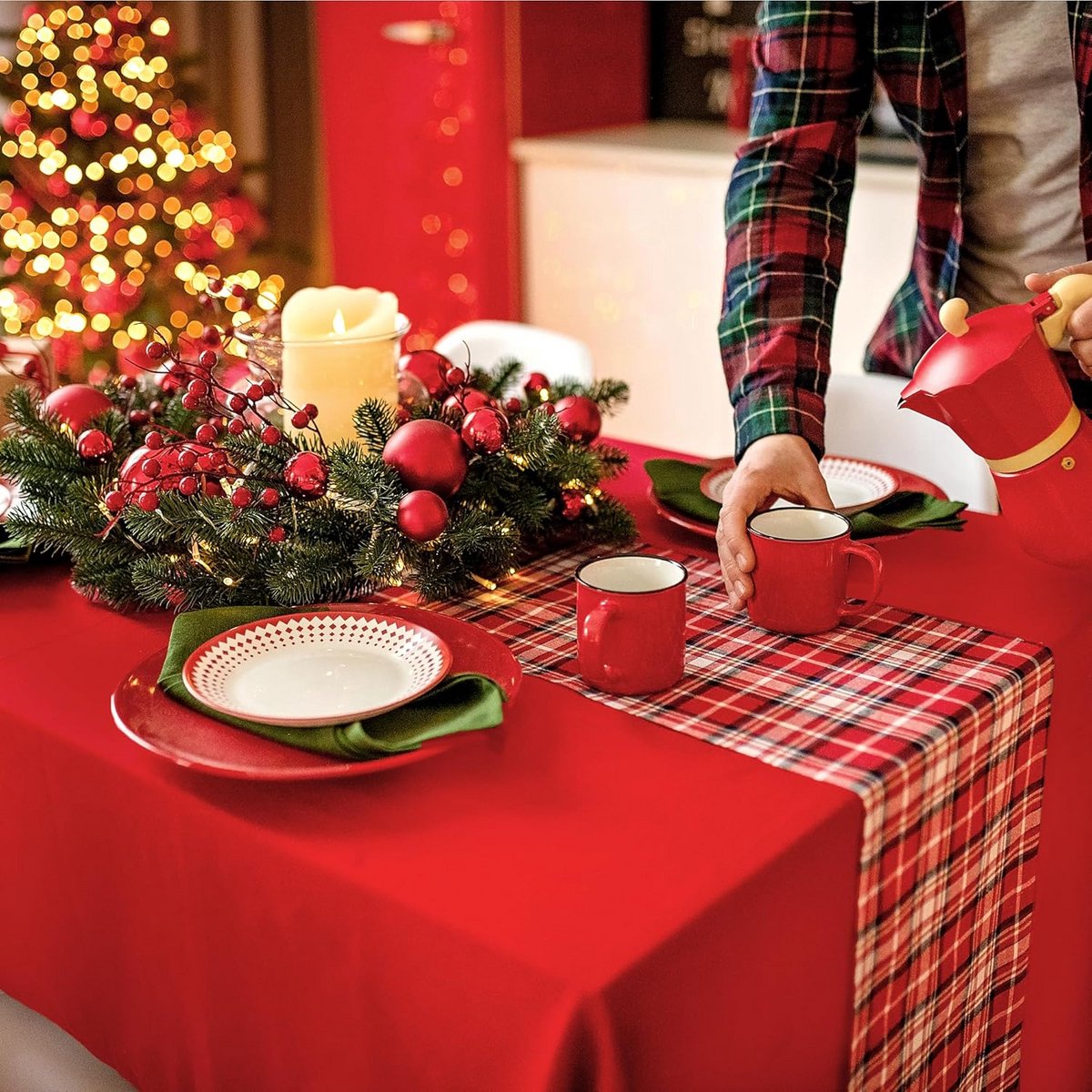 Set van 2 Rechthoekige Polyester Tafelkleden voor Kerst, Feest en Diner - Rood