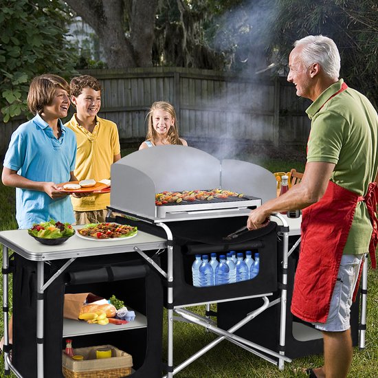 Froadp Kampeerkitchen Outdoor Keuken Kampeerkast Reiskeuken met Aluminiumframe Draagtas Keukendoos Tentkast Opvouwbare Kast Stofkast Windscherm (5 vakken & 3 tafels) — afbeelding 5