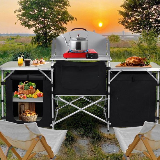Froadp Kampeerkitchen Outdoor Keuken Kampeerkast Reiskeuken met Aluminiumframe Draagtas Keukendoos Tentkast Opvouwbare Kast Stofkast Windscherm (5 vakken & 3 tafels) — afbeelding 4