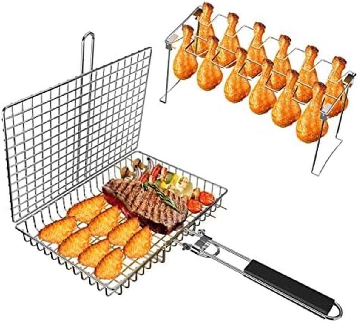 BBQ Grillmand & Grillrek Set van RVS - Inklapbaar en Draagbaar voor Vis, Groente en Vlees