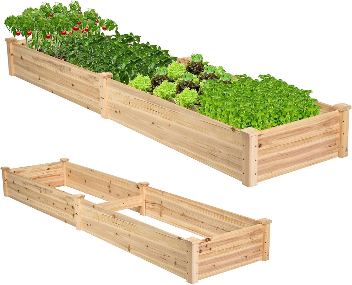 KOMFOTTEU Verhoogd bloembed van dennenhout, tuinbed met 2 plantenbakken en scheidingswanden, bloembak met open bodem, plantenbak, plantenbak voor bloemen, groenten en fruit (240 x 60 x 25 cm)