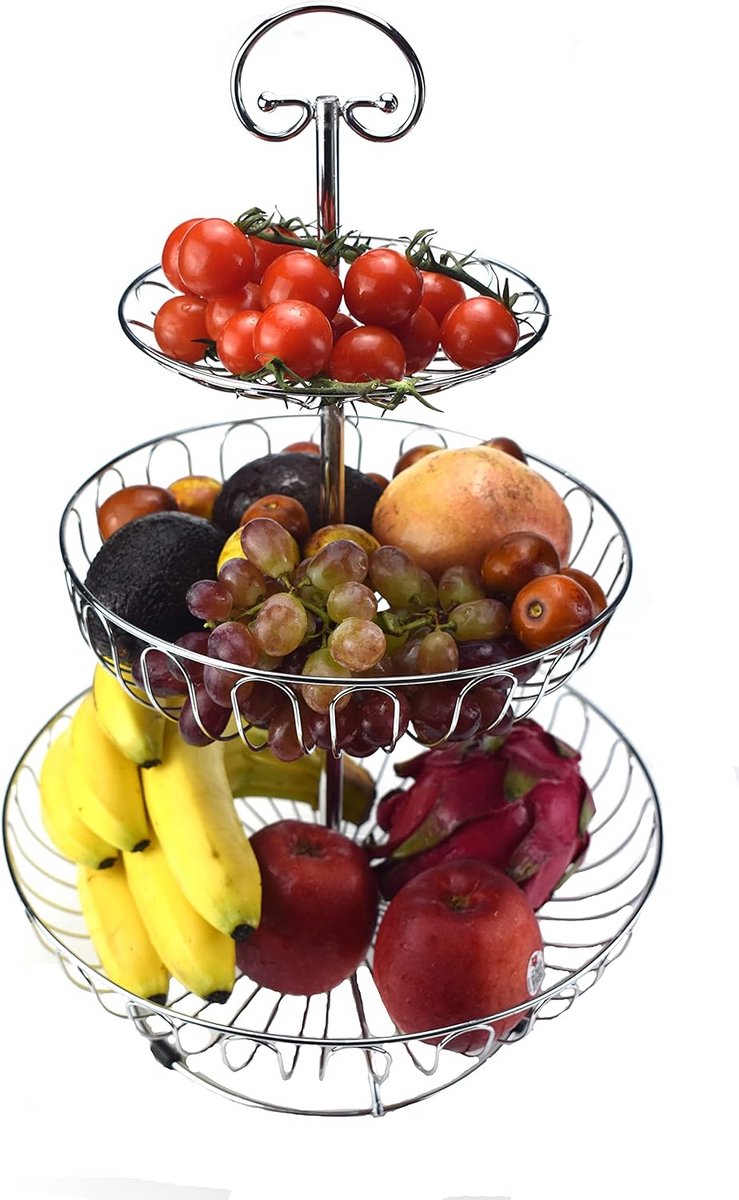 3-Laags Fruitmand Metaal Zilver Hoog, Gelaagde Groente- en Snackhouder