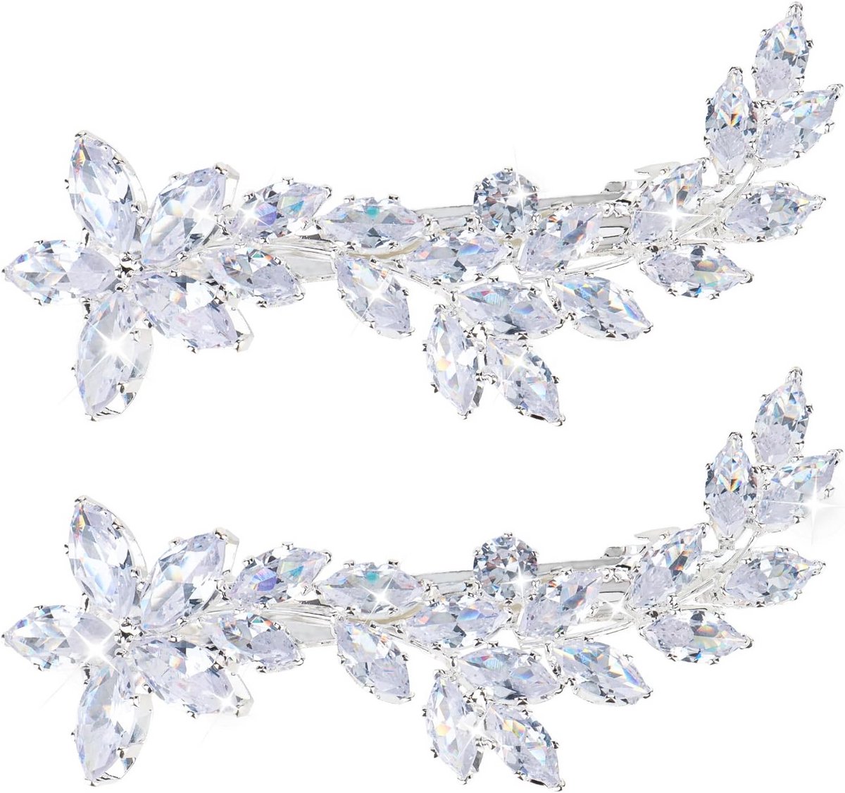2x Zilveren Strass Haarclips - Bruidshaaraccessoires met Bloem & Blad Design