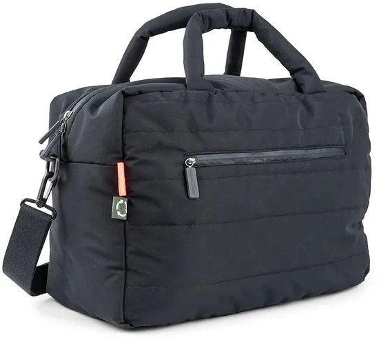 Sac à langer noir avec poignées, bandoulière et une poche zippée à l'arrière.