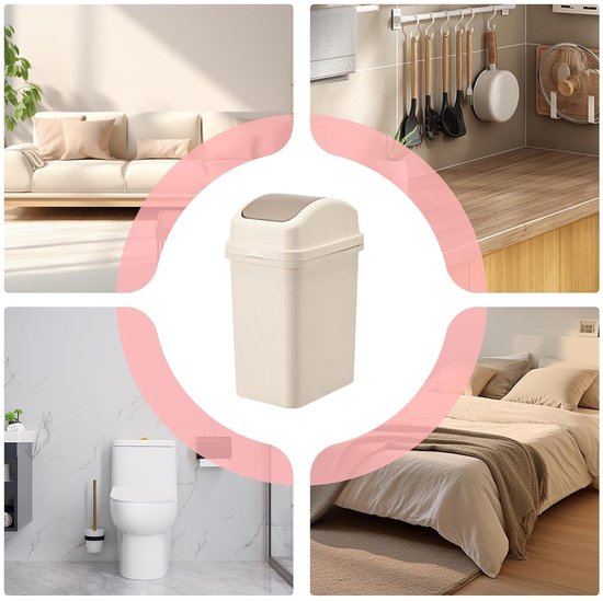 Collage met een beige afvalemmer met bruin kantel-deksel in het midden, omringd door beelden van een woonkamer, keuken, badkamer en slaapkamer.