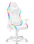 Witte gamerstoel met een gewatteerd ontwerp, verstelbare armleuningen en RGB-verlichting langs de randen.
