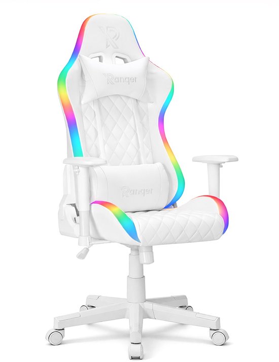 Witte gamerstoel met een gewatteerd ontwerp, verstelbare armleuningen en RGB-verlichting langs de randen.