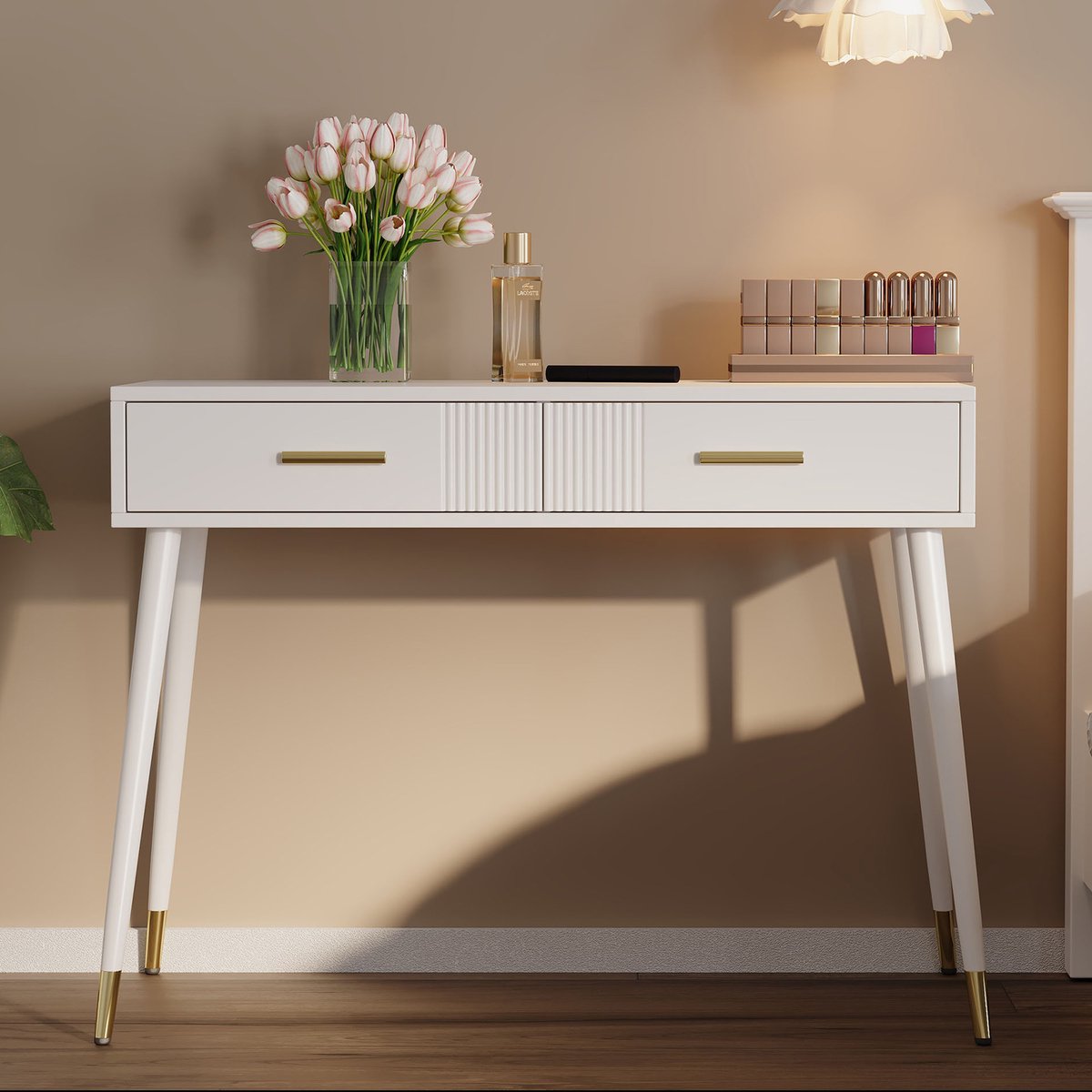 Wishdor - Kaptafel En Bureau - 2 Laden - Metalen Poten - Modern - Wit - 100 X 40 X 76 Cm