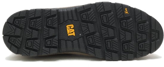 Onderkant van een bruine leren Chelsea werklaars met profielzool en CAT-logo.
