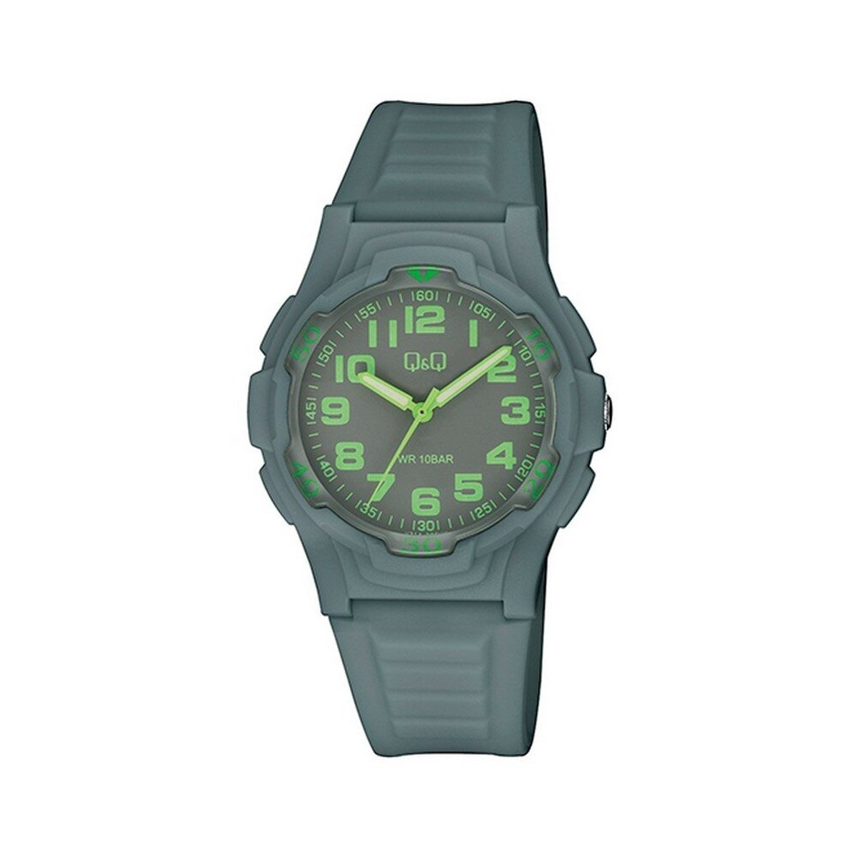 QQ V31A-006VY - Horloge - Analoog - Dames - Heren - Unisex - Siliconen band - Kunststof - Cijfers - Rond - Grijs - Groen - 10ATM waterdicht