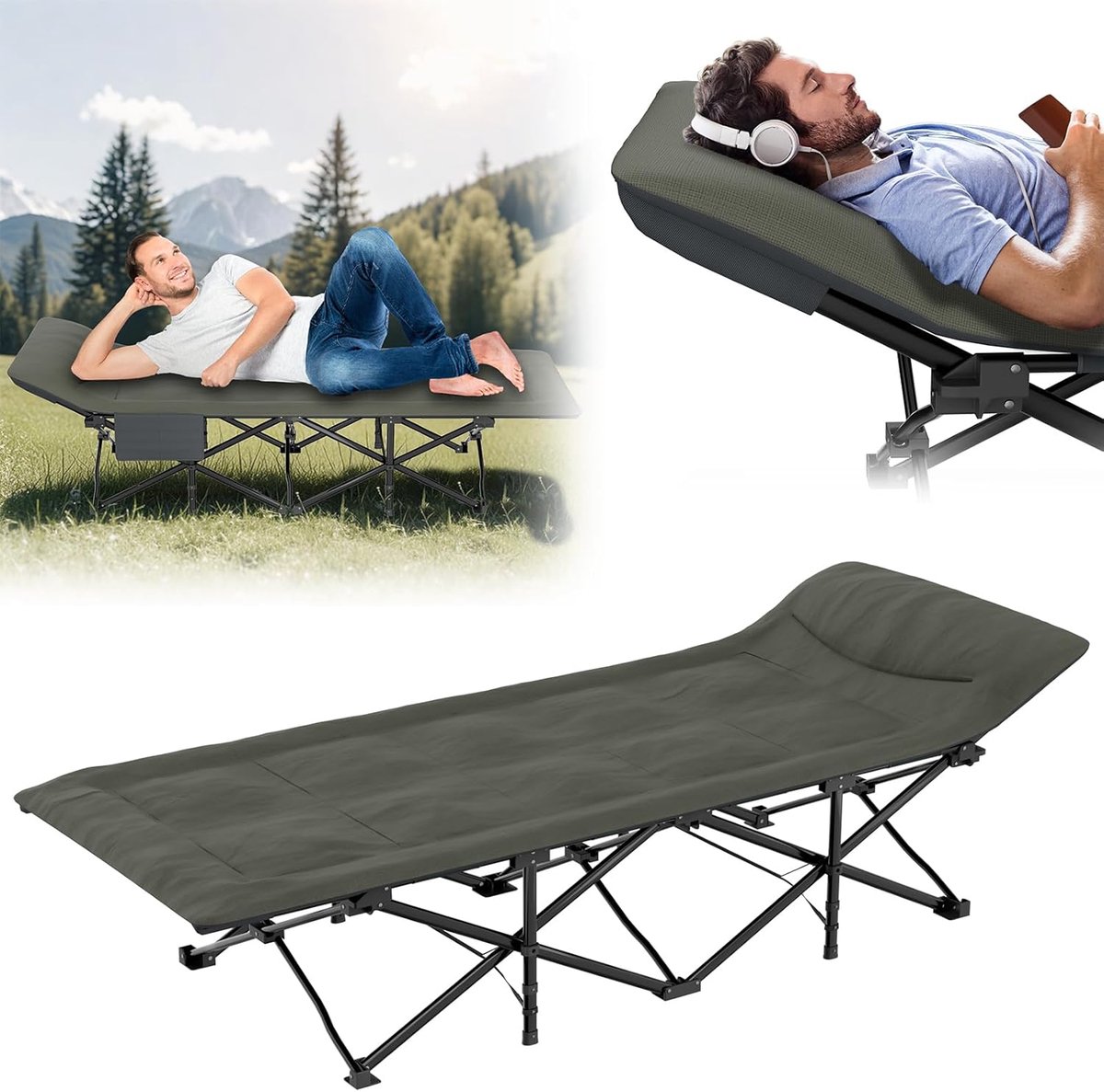 Campingbed Inklapbaar - Logeerbed Veldbed - Outdoor Slapen - Hoge Belastbaarheid 250kg - 183 x 70 cm - Grijs Groen