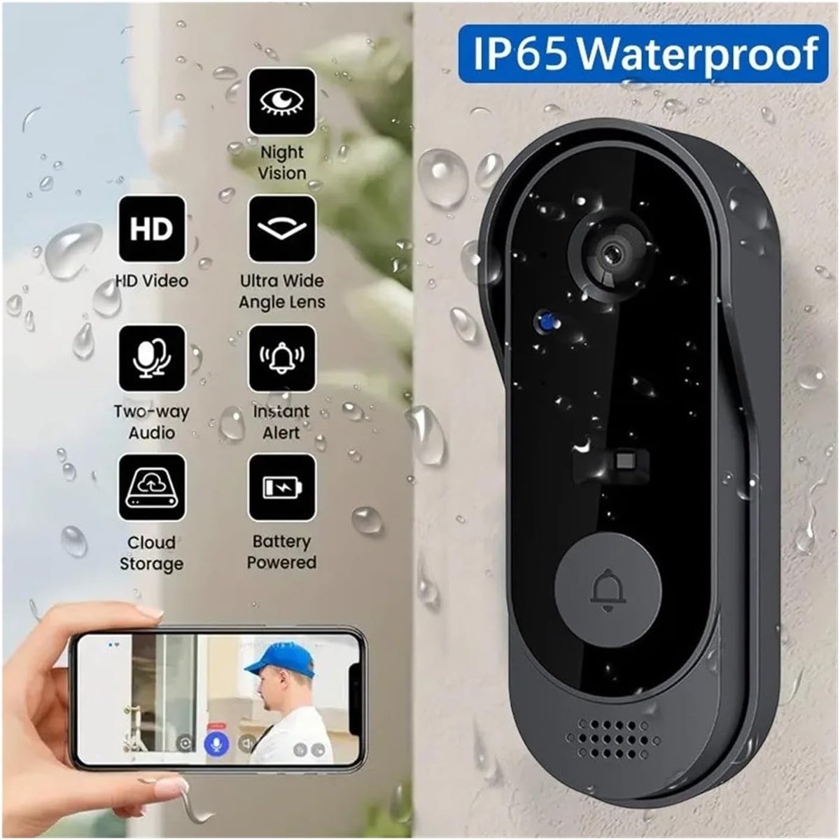 Videodeurbel met camera - Draadloze intercom - Huisbeveiliging - HD infrarood nachtzicht - 135x35x2cm - Zwart