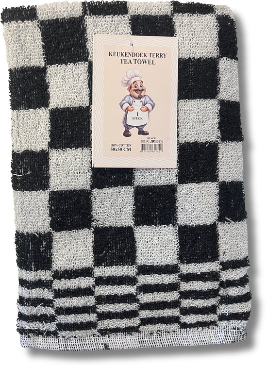 Gevouwen keukendoek met zwart-wit schaakbordpatroon en strepen, met label.