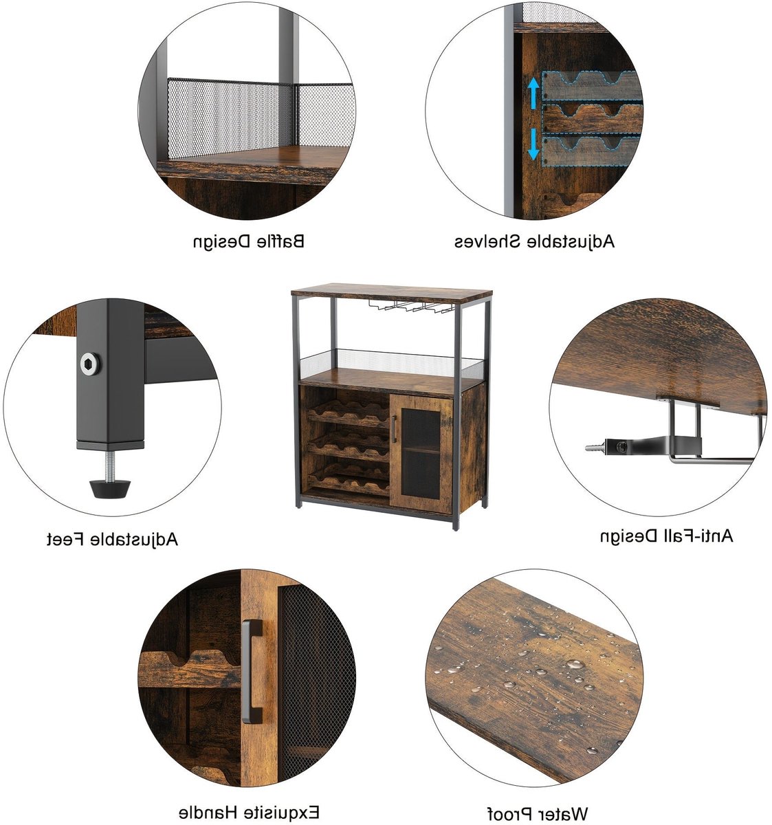 Barkast – Wijnkast – Drankkast – Keukentrolley – Opbergkast – Verstelbare Planken – Houten Metaal Constructie – Mesh Deur – Valbeveiliging – Vrijstaand – Rustiek Bruin