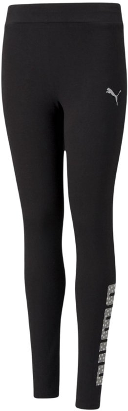 Legging PUMA noire avec logo Puma sur la hanche et lettres Puma sur le côté de la jambe.