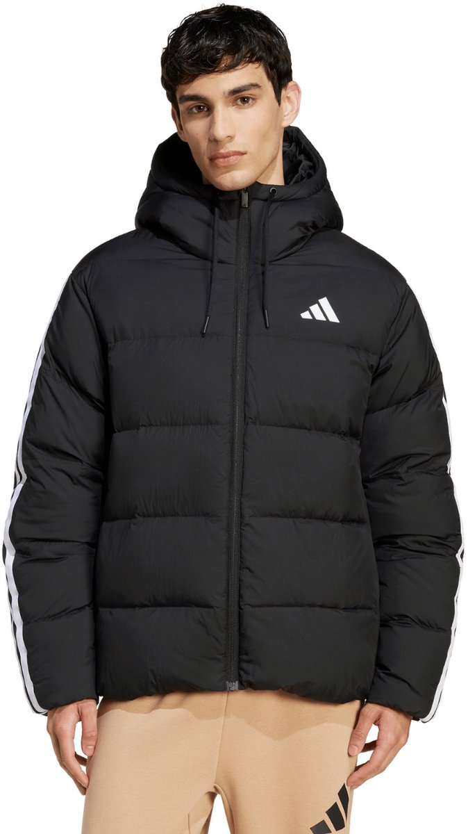adidas Jas Heren Essentials Climawarm 3 Stripes Puffer Down Hooded Zwart