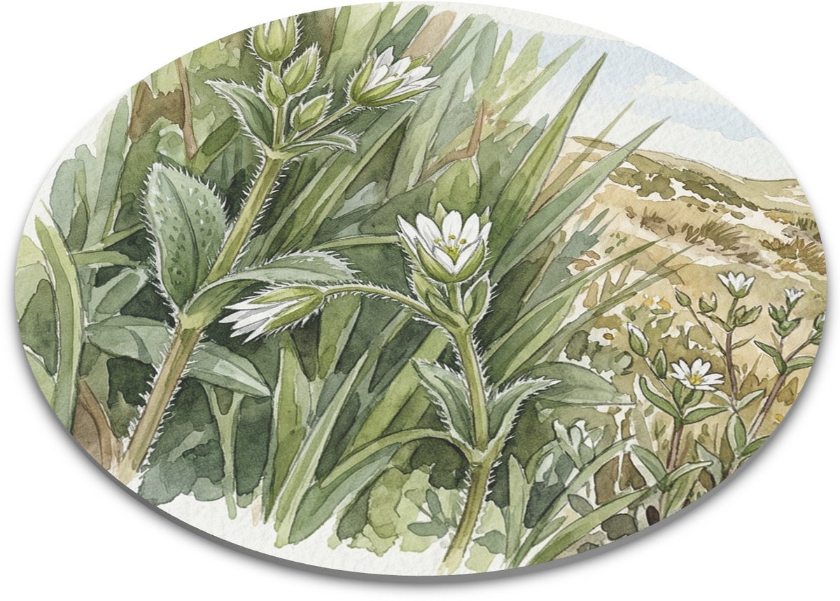 Ronde Muismat - Kalkhoornbloem (Cerastium brachypetalum) Botanische Print - Aquarel Series - Witte Bloemen en Duinlandschap Natuur Tekening - Kantoor & Thuiswerkplek Bureau Accessoire Cadeau voor haar: Vrouw, Vriendin & Collega