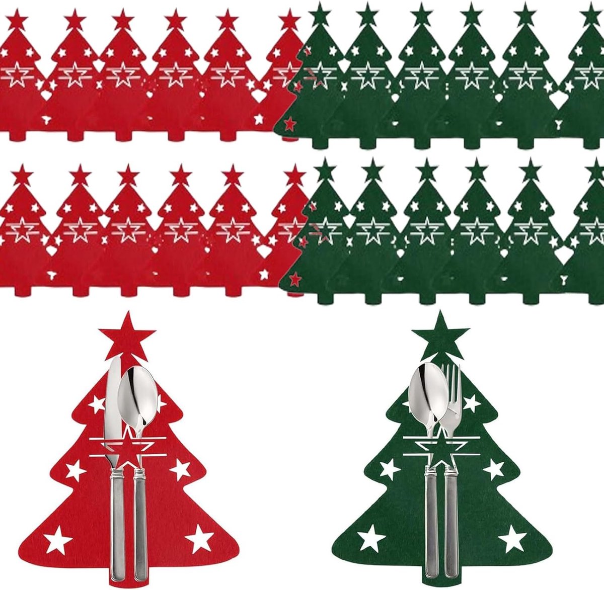 Bestekhouders Kerstboom - Tafeldecoratie Kerst - Kerstdiner Aankleden - Vilt Materiaal - 169 x 203 cm - Rood Groen