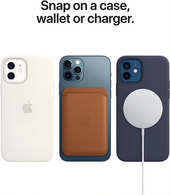 Drie iPhone-accessoires: wit hoesje, bruine portemonnee en een blauw hoesje met witte MagSafe-oplader.