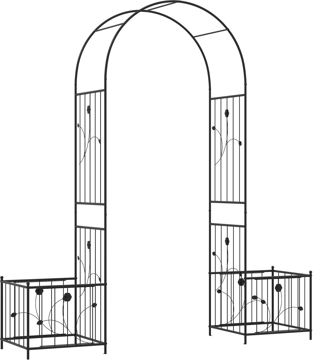 KOMFOTTEU Rozenboog met 2 plantenbakken, metalen tuinboog met klimrek, stevige, weerbestendige boog, klimhulp voor klimplanten, leiboompoort 198x49,5x221cm