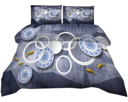 Dekbedovertrek Set - Beddengoed Cover - Slaapkamer Inrichting - Geometrisch Patroon - 200x200cm - Blauw Grijs