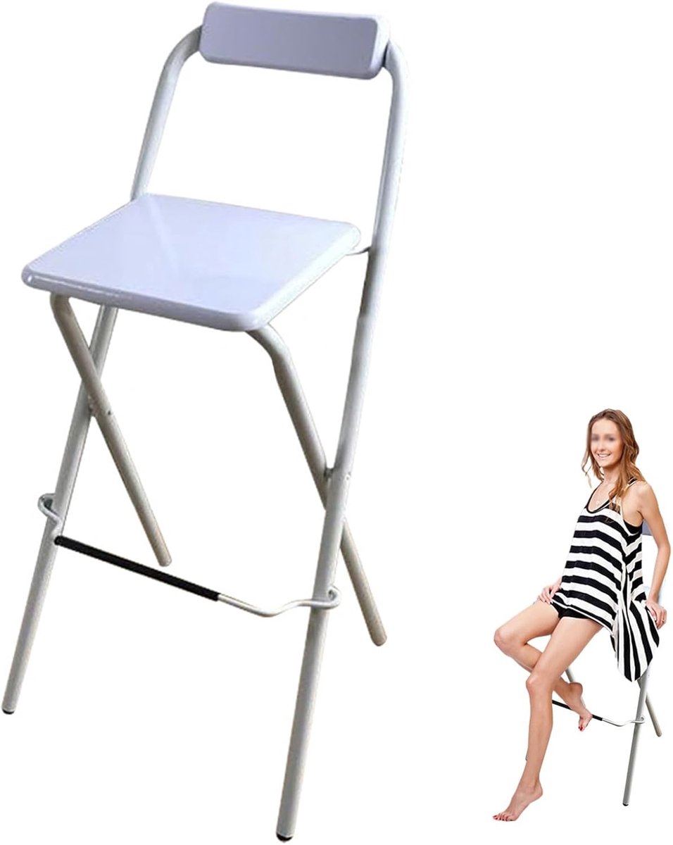 Inklapbare Barkruk - Hoge Kruk - Compact Zitten - Met Rugleuning - 70cm Hoog - Wit