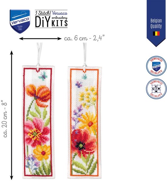 Vervaco - Bladwijzer kit Klaprozen en wilde bloemen set van2 - PN-0230484 - Borduren - Borduurpakket - Borduurpakket volwassenen - Borduurpakket kind