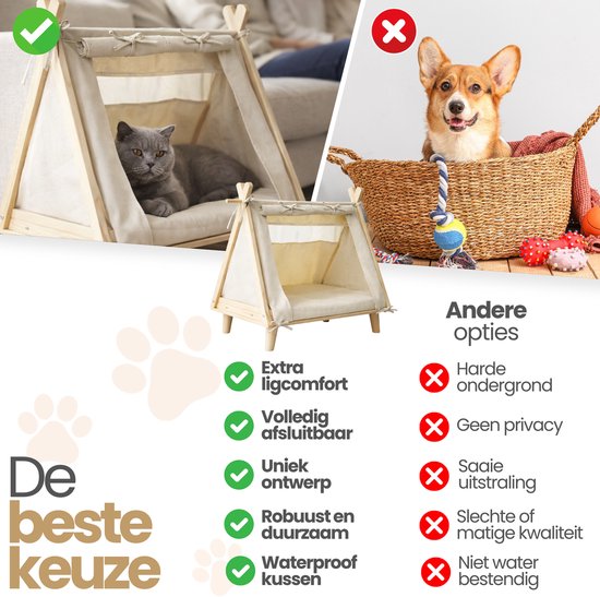Vergelijking van de beige dieren tent met extra ligcomfort, afsluitbaar en robuust, tegen een mand met een hond.