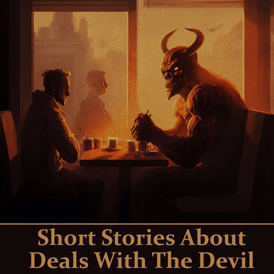 Boekomslag: "Short Stories About Deals With The Devil". Een duivel zit aan tafel tegenover een man in een café, met koffiekopjes ertussen.