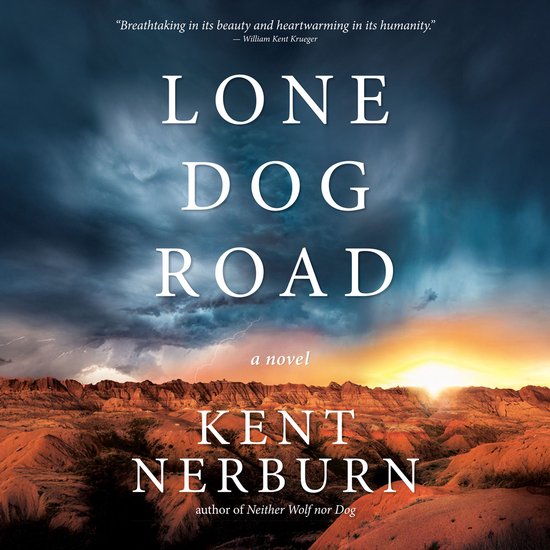 Boekomslag voor 'Lone Dog Road' van Kent Nerburn, met een dramatische lucht bij zonsondergang boven een rotsachtig landschap.