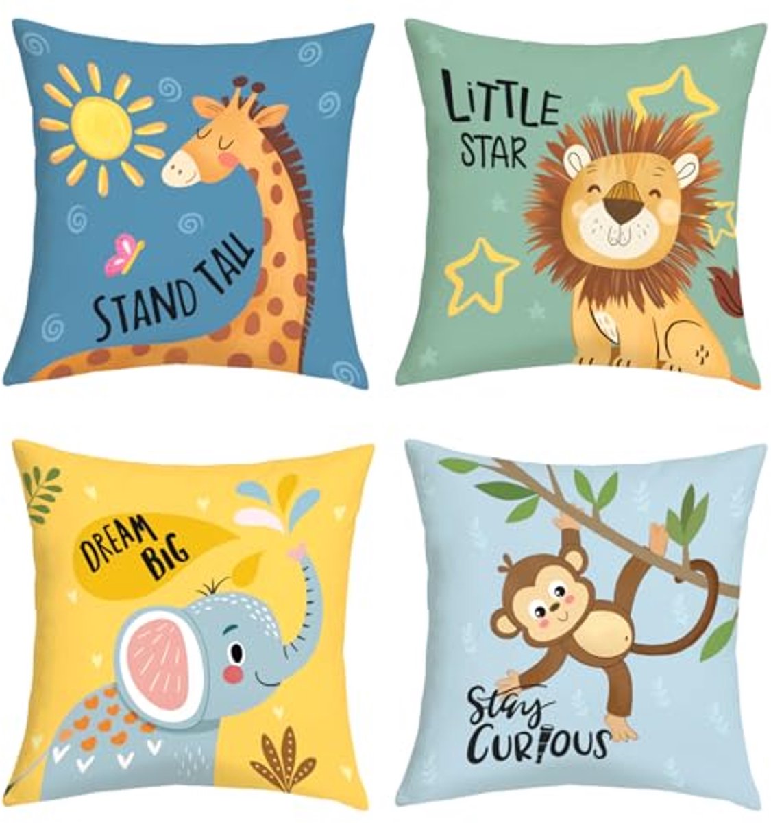 Ultiluxe® Kussenhoezen met Dieren - 4 Stuks - Sierkussenhoezen - Decoratieve Kussenhoes - 45 x 45 cm - Dierentuin Kussenslopen - Wilde Dieren - Fluweel Stof - Dierenprint - Blauw/Groen/Geel