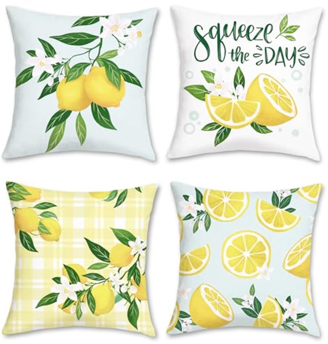 Ultiluxe® Kussenhoezen - 4 Stuks - Sierkussenslopen - Decoratieve Kussenhoes - 45 x 45 cm - Fluweel Stof - Citroen Fruitprint - Wit/Groen/Geel