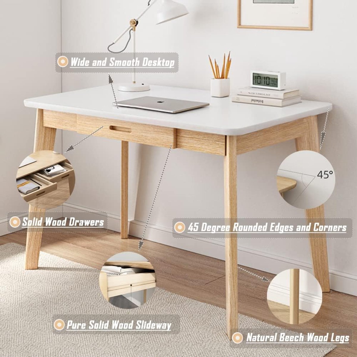 Small Modern Computer Desk 80x50x75 cm – Home Office Desk with Drawers, Compact Study Table, Writing Desk, Sturdy White Wood Finish – Abkantoor
