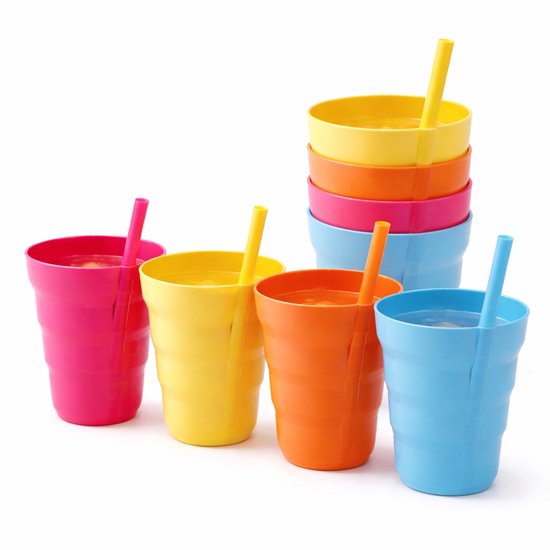 Gobelets avec Paille – Set de 8 – 300 ml – Sans BPA – Gobelets Kinder Empilables – Gobelets Réutilisables pour Limonade, Jus et Lait