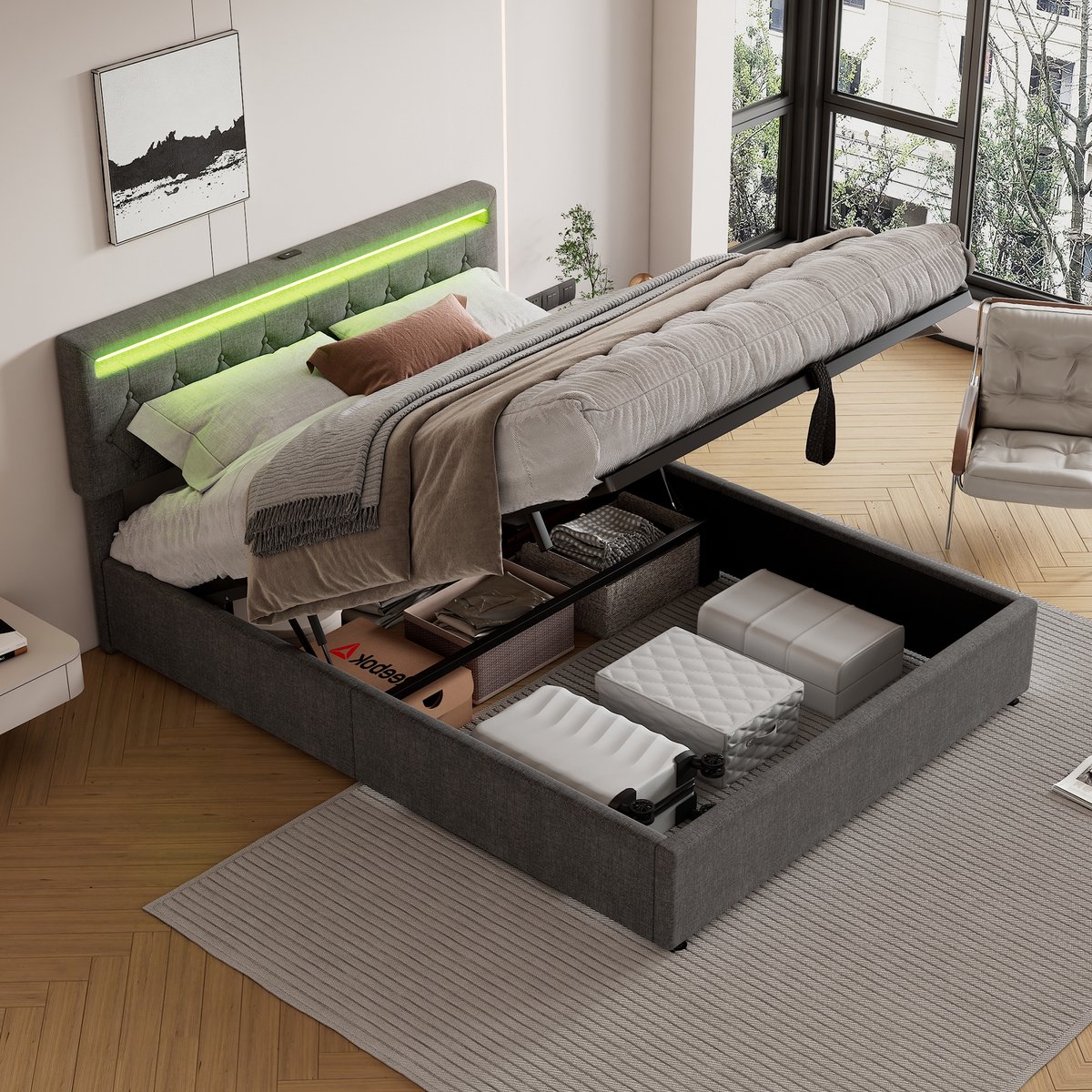 MIVRAY Opbergbed 160 X 200 Cm - Hydraulisch Hefbaar Met Led Sfeerlicht & Usb En Type C - Voor Slaapkamer - Linnen Grijs