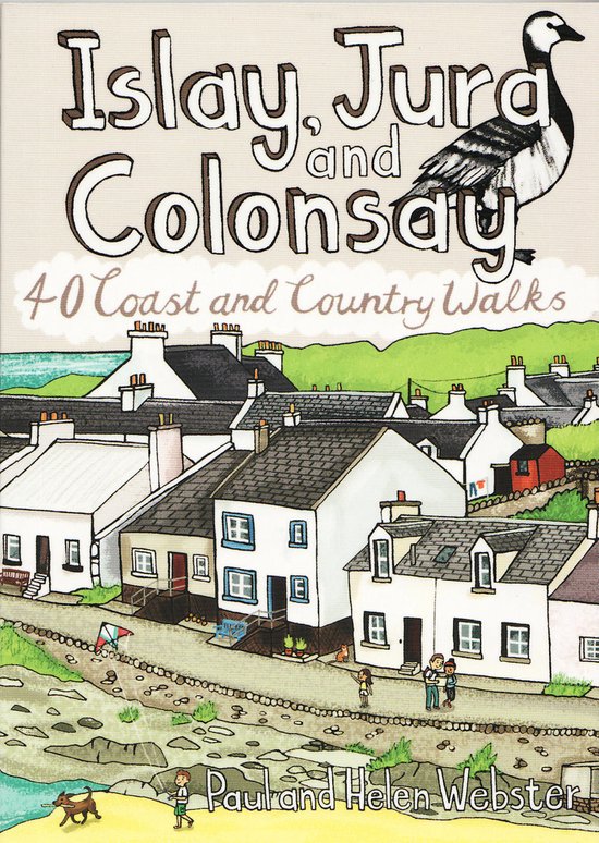 Boekcover "Islay, Jura and Colonsay" met illustratie van een dorp en vogels. "40 Coast and Country Walks"