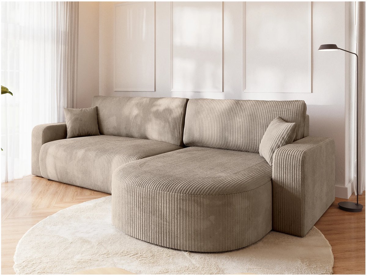 Hoekbank met slaapfunctie 275 × 170 × 85 cm – Beige ribfluweel hoekbank met opbergruimte, uittrekbaar bed 120 × 230 cm, omkeerbare chaise longue, 4-zits moderne slaapbank – Bellavero
